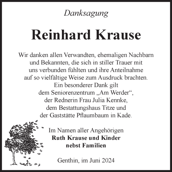 Traueranzeige von Reinhard Krause von Volksstimme Burg/Genthin