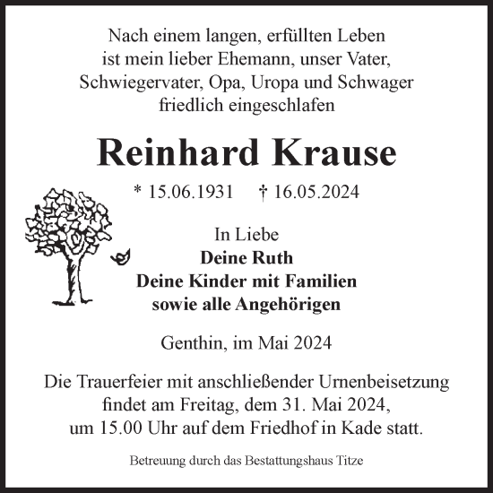 Traueranzeige von Reinhard Krause von Volksstimme Burg/Genthin