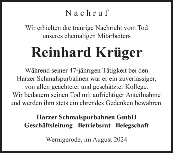 Traueranzeige von Reinhard Krüger von Volksstimme Wernigerode