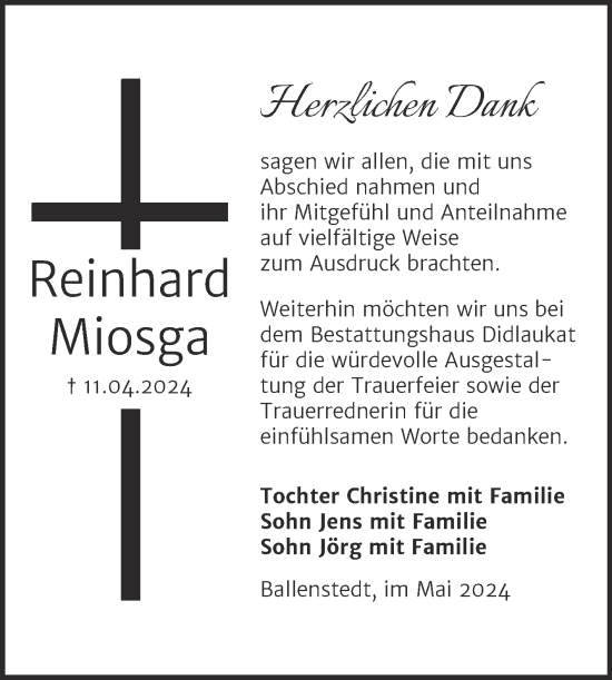 Traueranzeige von Reinhard Miosga von Trauerkombi Quedlinburg