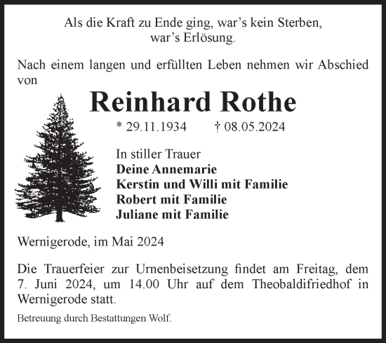 Traueranzeige von Reinhard Rothe von Volksstimme Wernigerode
