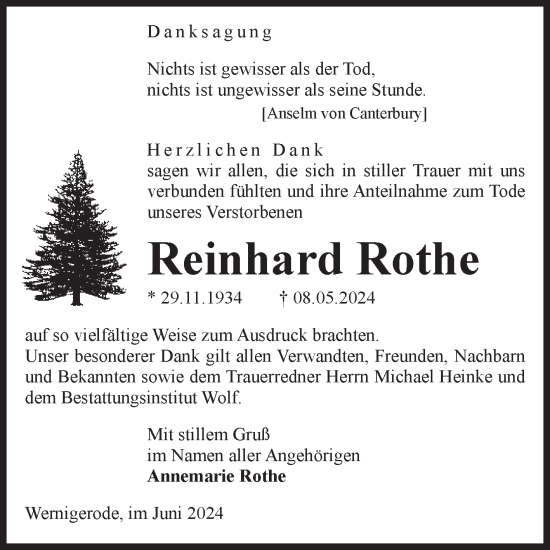 Traueranzeige von Reinhard Rothe von Volksstimme Wernigerode