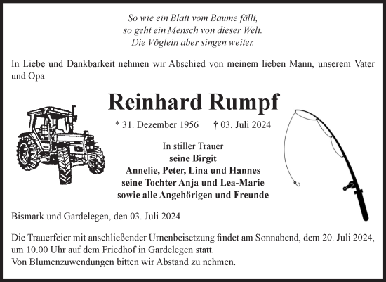 Traueranzeige von Reinhard Rumpf von Volksstimme Altmark Ost