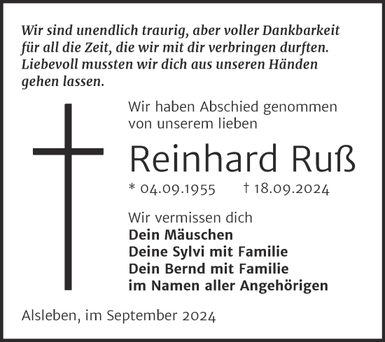 Traueranzeige von Reinhard Ruß von Trauerkombi Bernburg