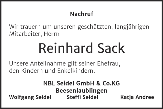 Traueranzeige von Reinhard Sack von Super Sonntag Bernburg