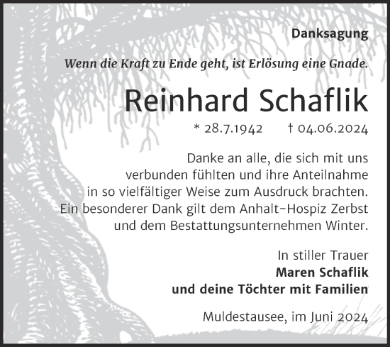 Traueranzeige von Reinhard Schaflik von Trauerkombi Bitterfeld