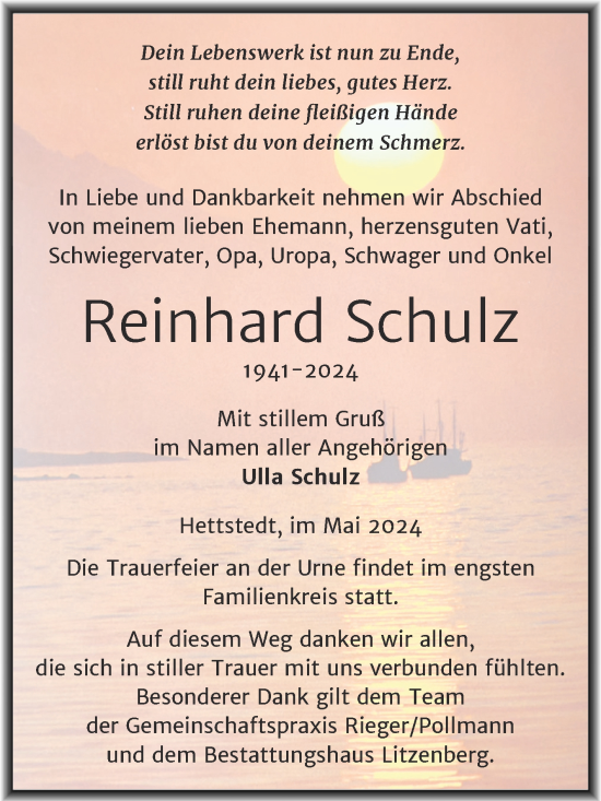 Traueranzeige von Reinhard Schulz von Trauerkombi Mansfelder Land