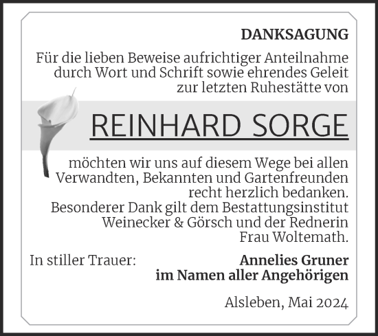 Traueranzeige von Reinhard Sorge von Trauerkombi Bernburg