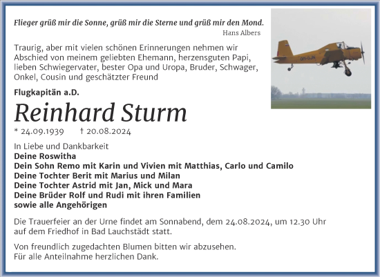 Traueranzeige von Reinhard Sturm von Trauerkombi Merseburg