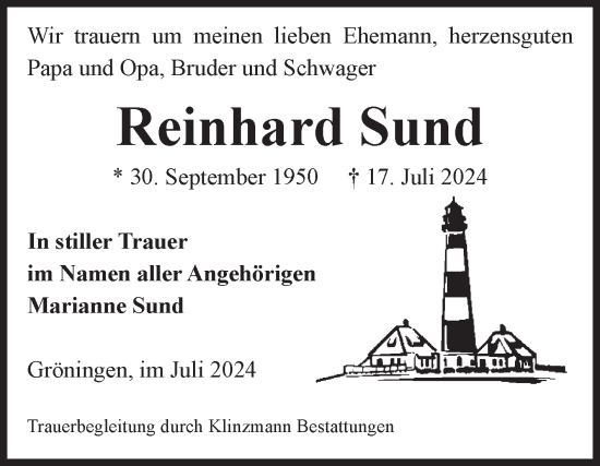 Traueranzeige von Reinhard Sund von Volksstimme Oschersleben/Wanzleben