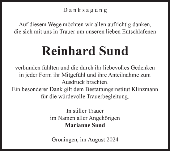 Traueranzeige von Reinhard Sund von Volksstimme Oschersleben/Wanzleben