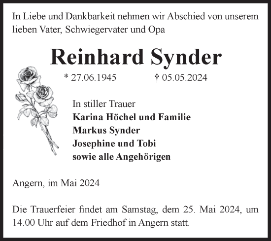 Traueranzeige von Reinhard Synder von Volksstimme Haldensleben/Wolmirstedt