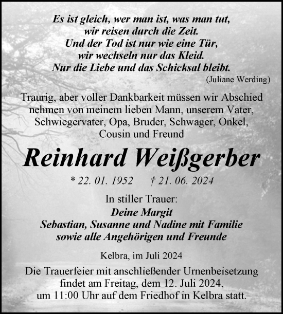 Traueranzeige von Reinhard Weißgerber von Trauerkombi Sangerhausen