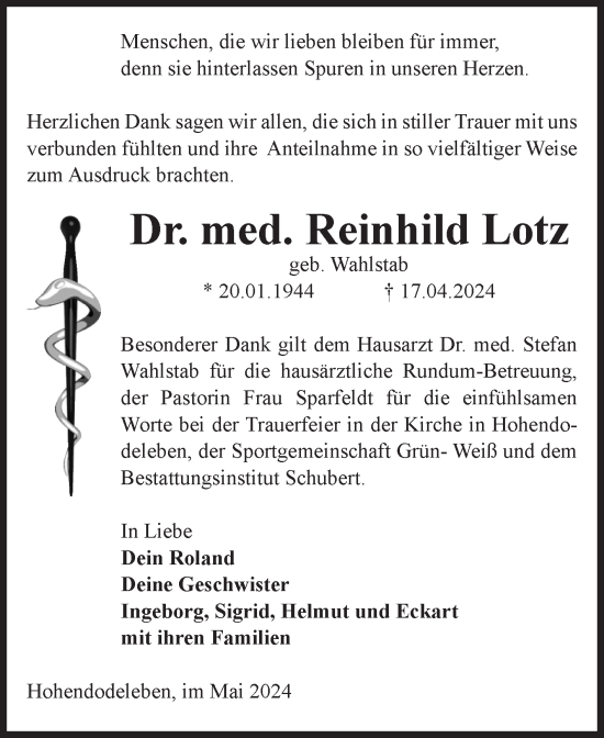 Traueranzeige von Reinhild Lotz von Volksstimme Oschersleben/Wanzleben