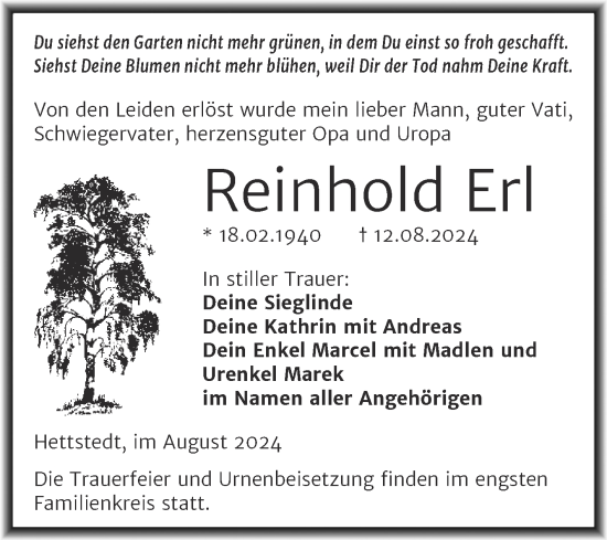 Traueranzeige von Reinhold Erl von Trauerkombi Mansfelder Land