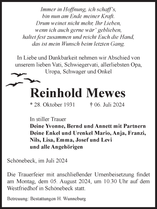 Traueranzeige von Reinhold Mewes von Volksstimme Schönebeck
