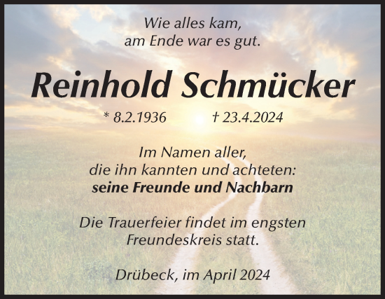 Traueranzeige von Reinhold Schmücker von Volksstimme Wernigerode