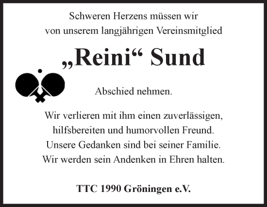 Traueranzeige von Reini Sund von Volksstimme Oschersleben/Wanzleben