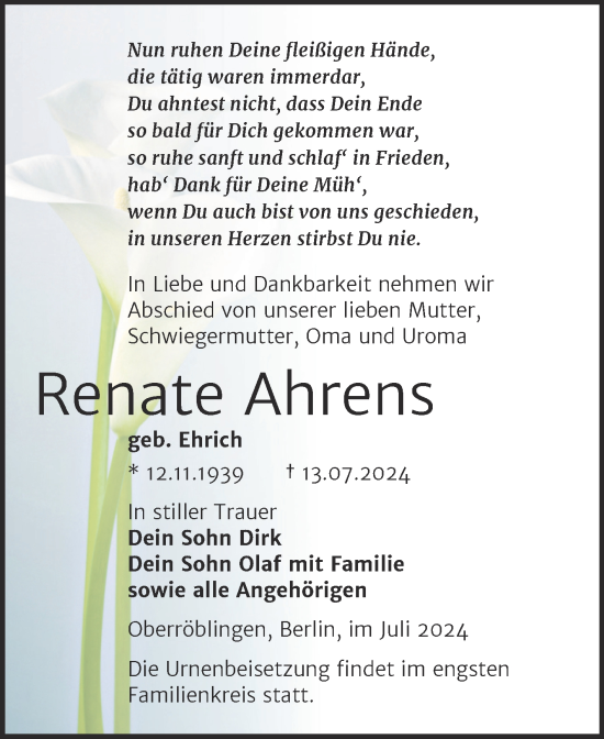 Traueranzeige von Renate Ahrens von Trauerkombi Sangerhausen