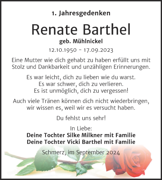 Traueranzeige von Renate Barthel von Trauerkombi Bitterfeld