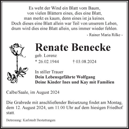 Traueranzeige von Renate Benecke von Volksstimme Schönebeck