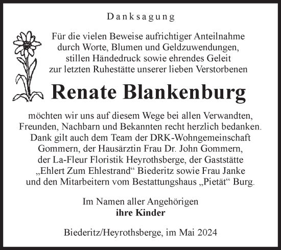 Traueranzeige von Renate Blankenburg von Volksstimme Burg/Genthin