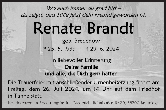 Traueranzeige von Renate Brandt von Volksstimme Wernigerode