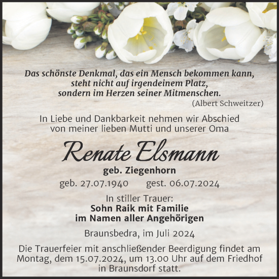 Traueranzeige von Renate Elsmann von Trauerkombi Merseburg