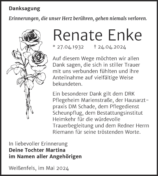 Traueranzeige von Renate Enke von Trauerkombi Weißenfels