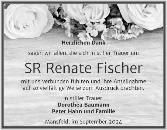 Traueranzeige von Renate Fischer von Trauerkombi Mansfelder Land