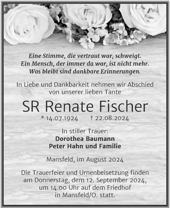 Traueranzeige von Renate Fischer von Trauerkombi Mansfelder Land