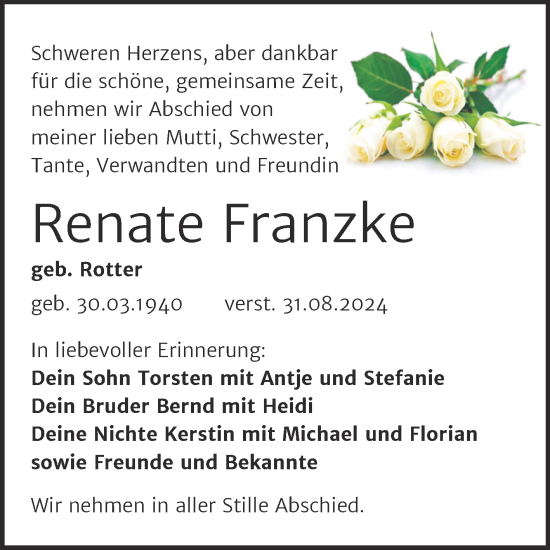Traueranzeige von Renate Franzke von Trauerkombi Weißenfels