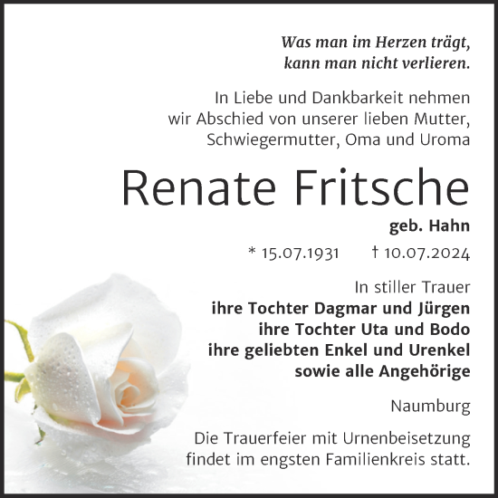 Traueranzeige von Renate Fritsche von Naumburger Tageblatt
