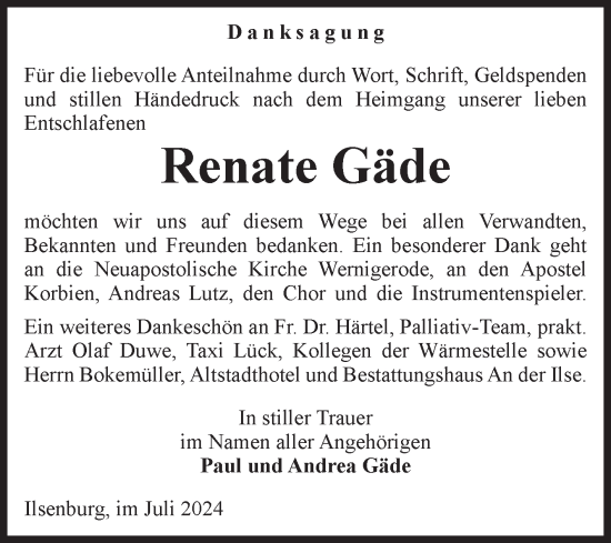 Traueranzeige von Renate Gäde von Volksstimme Wernigerode