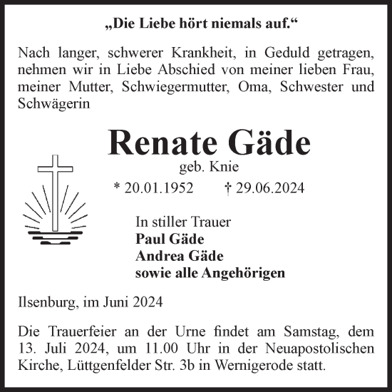 Traueranzeige von Renate Gäde von Volksstimme Wernigerode