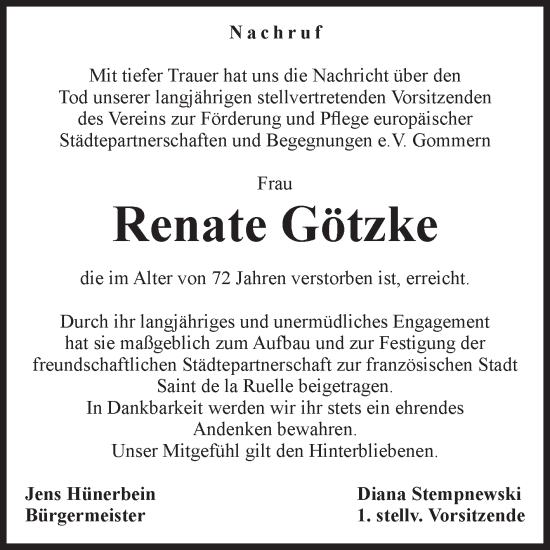 Traueranzeige von Renate Götzke von Volksstimme Burg/Genthin