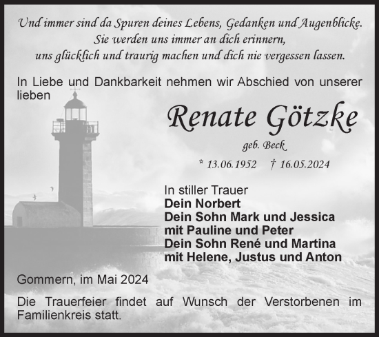 Traueranzeige von Renate Götzke von Volksstimme Burg/Genthin