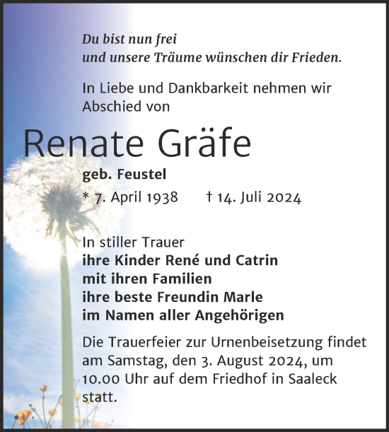 Traueranzeige von Renate Gräfe von Super Sonntag Naumburg/Nebra