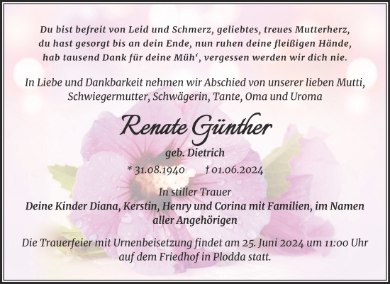 Traueranzeige von Renate Günther von Trauerkombi Bitterfeld