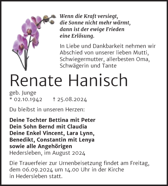 Traueranzeige von Renate Hanisch von Trauerkombi Mansfelder Land