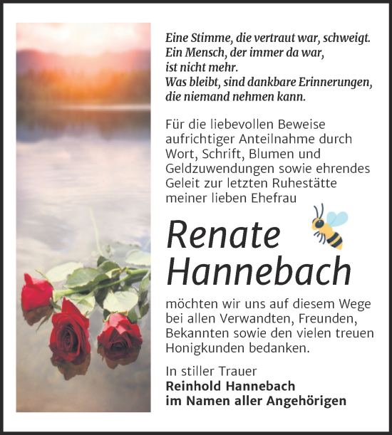 Traueranzeige von Renate Hannebach von Trauerkombi Bitterfeld