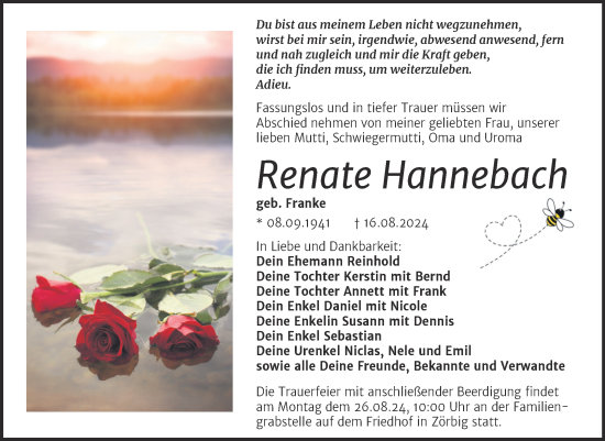 Traueranzeige von Renate Hannebach von Trauerkombi Bitterfeld
