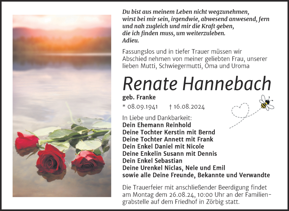  Traueranzeige für Renate Hannebach vom 21.08.2024 aus Trauerkombi Bitterfeld