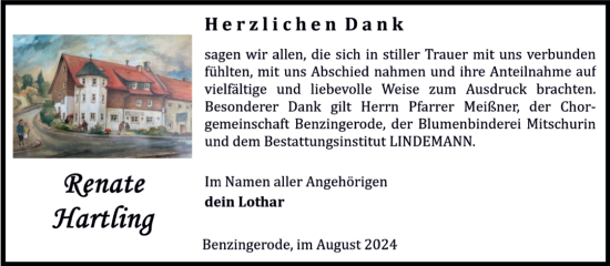 Traueranzeige von Renate Hartling von Volksstimme Wernigerode