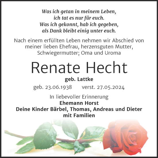 Traueranzeige von Renate Hecht von Trauerkombi Weißenfels