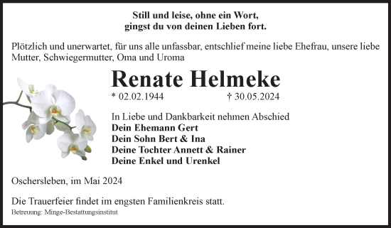Traueranzeige von Renate Helmeke von Volksstimme Oschersleben/Wanzleben