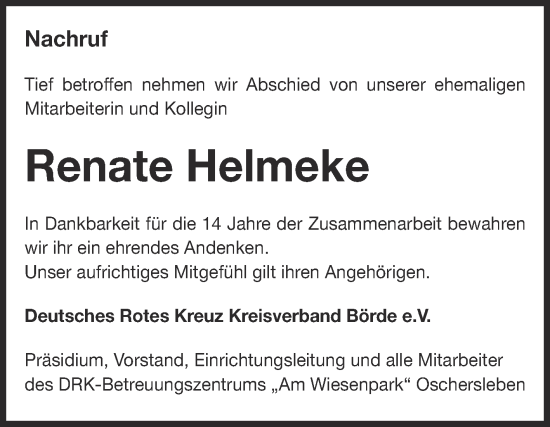 Traueranzeige von Renate Helmeke von Volksstimme Oschersleben/Wanzleben