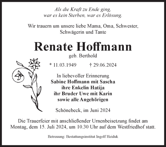Traueranzeige von Renate Hoffmann von Volksstimme Schönebeck