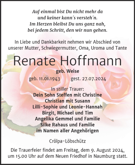 Traueranzeige von Renate Hoffmann von Super Sonntag Naumburg/Nebra