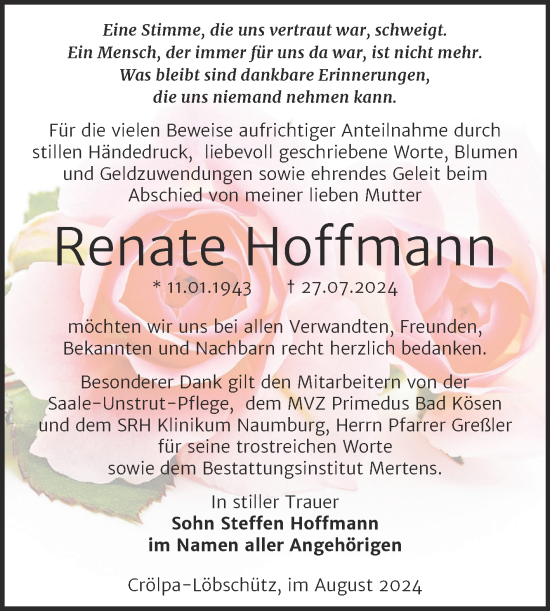 Traueranzeige von Renate Hoffmann von Super Sonntag Naumburg/Nebra